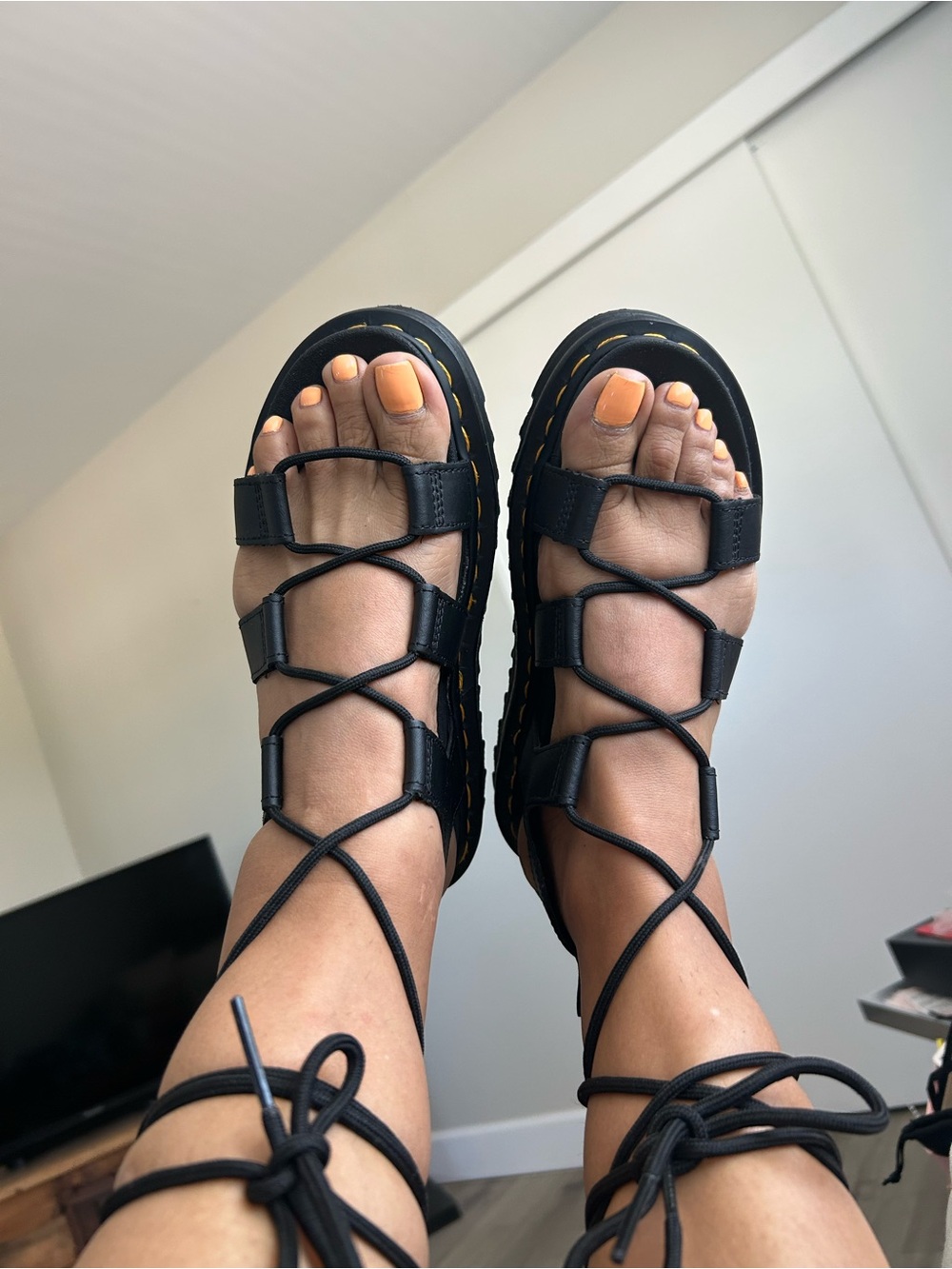 Dr. Martens Black Lace-Up Gladiator Sandals with Yellow Stitching